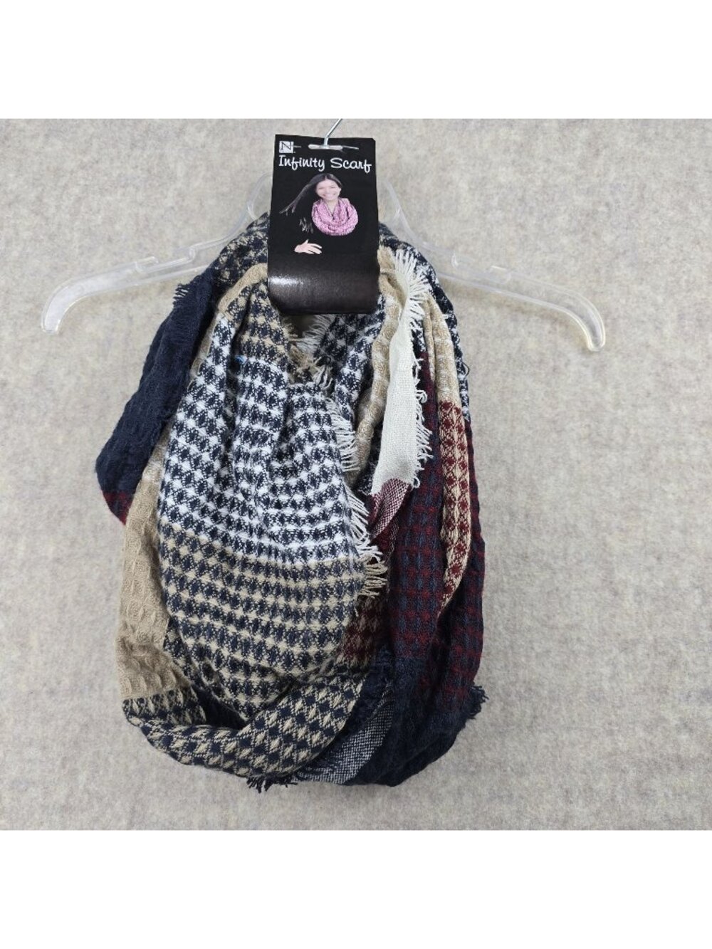 Nicole Infinity Scarf Multicolor Houndstooth Woven Fringe Lightweight